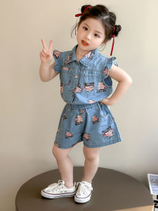 Summer Full Print Korean Style Girls Outfit 2pc Set with Flying Sleeve Demon Boy Cartoon Print Lightweight Denim Jacket And Shorts