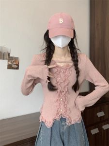 เสื้อสเวตเตอร์ถักแขนยาวสไตล์ฝรั่งเศสสำหรับผู้หญิงในฤดูใบไม้ร่วงและฤดูหนาว เสื้อชั้นในทรงเข้ารูป ดีไซน์เก๋ไก๋ แขนยาว ปกโปโล สีพื้น