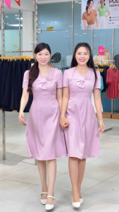 [MUA 2 GIẢM 25K] Đầm nữ dáng A tay ngắn nhún vai nhẹ kiểu phối nơ thời trang GUMAC LDF1106