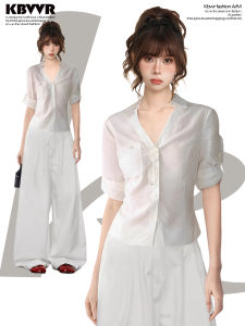 KBVVR | White V-Neck Straight Shoulder Short Sleeve Stylish American Fitted Short Shirt