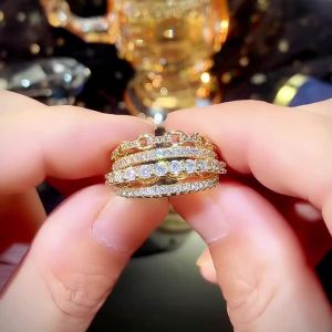 Huitan Multi-layers Design Lady Rings Gold Color Inlaid Shiny CZ Trendy Luxury Accessories Jewelry for Wedding Party Anniversary