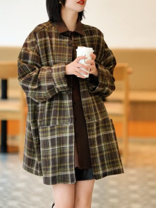 QINGNAER | Loose Vintage Casual Fashionable Versatile Slimming Plaid Coat