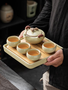 Ru Kiln Convenient Tea Cup Set One Pot Four Cups Outdoor Camping Tea Set Suit Tea Drinking Equipment Ceramic Portable Travel Tea Cup