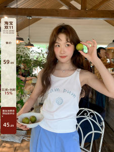 Hello Canon Embroidered Slim Fit Tank Top Women Summer New Style round Neck Letter Vest No Sleeve Comfortable Cotton Blend