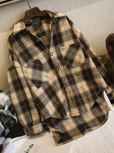 Chic French Vintage Plaid Shirt Womens Spring Fashion 2025 New Autumn Winter Layering Top Stylish Polo Collar Long Sleeve