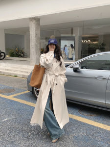 Summer Blue Rain SMBL Rain Beige Apricot Satin Fancy British Style Coat for Women Spring Long Trench Coat