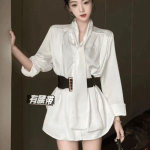 ชุดเดรสคอวีผ้าซาตินสไตล์ฝรั่งเศส กระโปรงทรงเอเข้ารูป แขนยาว ทรงเข้ารูป เดรสทำงานฤดูใบไม้ร่วง ชุดทำงานผู้หญิง