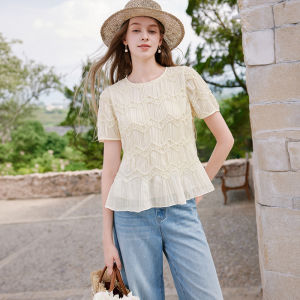 XIANGYING | French Lace Trim Chiffon Blouse Short