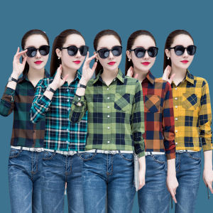 เสื้อโค้ทลำลองสไตล์เกาหลีแขนยาวหลวมสำหรับผู้หญิงเสื้อแจ๊กเก็ตแฟชั่นเสื้อเชิ้ตลายสก๊อตๆ