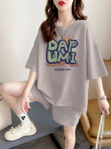 Pure Cotton Short Sleeve Womens Casual Sports Suit Loose Slim Looking Summer Plus Size Western Style All-Matching Shorts Two-piece Set