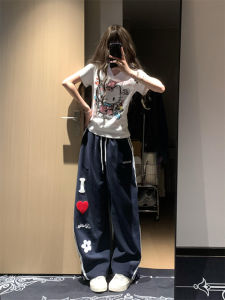 American Style High Waist Wide Leg Pants Striped Embroidered Casual Trousers for Women Spring Autumn Loose Straight Floor-Length