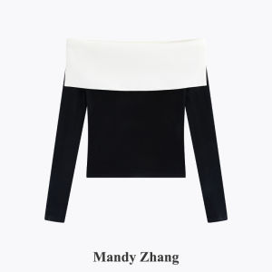Elegant Off-Shoulder Knit Top Black White Contrast