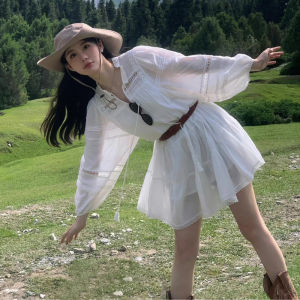 PEIZIXUAN | Váy trắng dài tay phong cách Pháp dáng ngắn nhẹ nhàng nữ tính