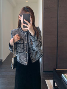 Amr Uu Luxury Feel Floral ผ้าทูลล์ ลมหอม เสื้อโค้ท คอกลม ผู้หญิง ฤดูใบไม้ร่วง ฤดูหนาว เสื้อแจ๊กเก็ตสั้นสไตล์ใหม่