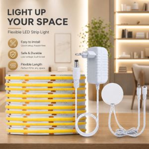 DC12V 24V 8mm Ultra Thin COB LED Strip Light Dimmable Touch Switch Motion Sensor with EU/US Power Plug Kit for DIY Bedroom Decor