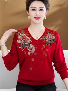 Fashionable Knitted Base Layer Top for Mom Autumn Winter Wear Embroidered Red Sweater Elderly Womens Premium Quality Wool Blend