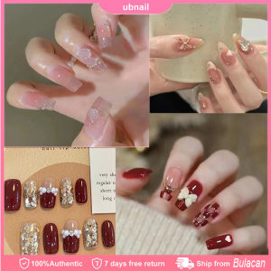 24 Pcs Fake Nails Set with Glue Butterfly Knot Chessboard Carving Diamond Nail Art Design Diamond Decorative Nail Sticker