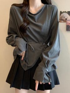 เสื้อเชิ้ตแขนยาวสีเทาหรูหรา เอวเข้ารูป ไซส์ใหญ่ แฟชั่นฤดูใบไม้ร่วง เสื้อผ้าทำงานสไตล์เกาหลี ทรงหลวม ผ้าผสม