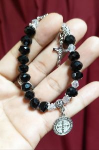 St. Benedict Miraculous Medal Black Crystal Rosary Bracelet with the Box