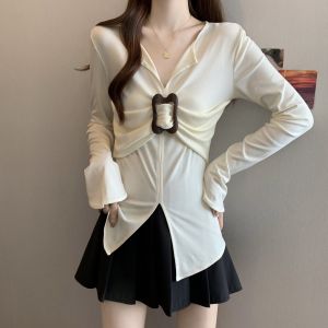 Áo Thun Nữ Dáng Ôm Tay Dài Xếp Ly Kiểu Pháp Mùa Xuân Thu Thường Ngày Cotton 100% Cổ Chữ V Tay Dài Thường