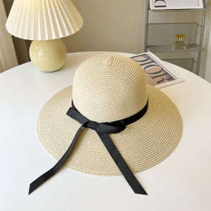 Summer Beach Straw Hat Womens Large Brim Foldable Sunshade UV Protection Fashionable Outdoors Butterfly Knot round Top Hat