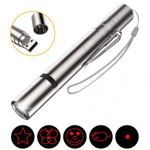 USB Charging Multi-Function Mini Flashlight Laser Pattern Face Cat Toy Violet Light Money Detector Strong Light Illumination