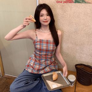 YUEZHONGWEI | Strapless Red Checkered Waist-Cinching Sleeveless Top