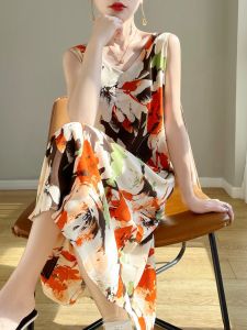 Summer New Style Womens Dress Satin V-neck Long Dress High Waist A-line Loose Dress Shoulder Strap Print Casual Korean Version