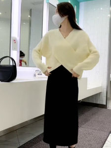 Loose Casual V-neck Cross Sweater and Midi Skirt Set