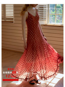 High-End Linen Bubble Texture Plaid Asymmetrical Hem Dress Nice People Commute Style Sleeveless V-Neck Midi Dress Summer Dress