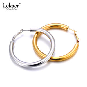 Lokaer Waterproof Stainless Steel 50mm Round Geometric Huggie Earrings 18K Gold Plated Charm Fashion Jewelry For Women E24109