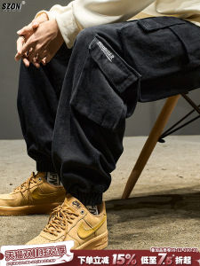 Mens Workwear Pants American Retro Style Multi-Pocket Logging Soldier Loose Handsome Functional Cuffed Spring Season Casual Trousers