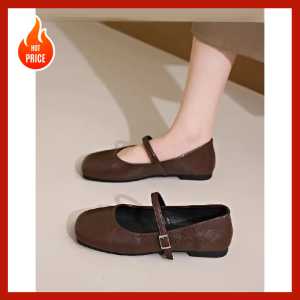Womens French Soft-Sole Mary Jane Flats Square-Toe Buckle Strap Shallow-Mouth Pumps All-Season Vintage Elegant Casual Shoes.