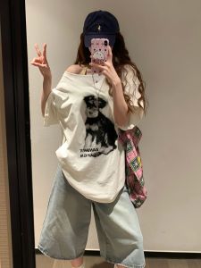 American Lazy Hot Girl Puppy Print Shoulder T-Shirt Womens Summer New Loose Casual Shoulder Bared Top Cotton Moisture Wicking