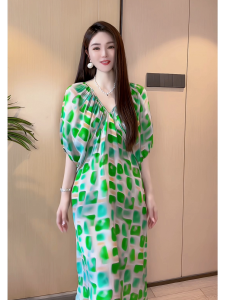 Mixier 100% Mulberry Silk French High-End Goddess Style V-neck Fashion Print Dress Soft Korean Style Commute High Waist Long Skirt