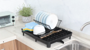 Kitchen Dish Rack Black Drain Rack Extendable Stainless Steel Dish Drying Rack Cup Holder With Drain Tray