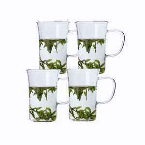 ชุดแก้วชาเขียวหนาสำหรับใช้ในออฟฟิศและบ้าน ทรงปากกระบอก พร้อมฝาปิด ดีไซน์โลโก้ เหมาะกับการใช้ในห้องทำงานและร้านกาแฟ