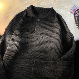 Fall and Winter Polo Collar Sweater Mens Hong Kong Style Loose Japanese Trendy All-Matching Sweater Pure Color Simple Casual Outwear