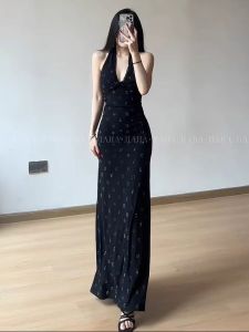 French Hepburn Style Lace Splicing Sequin Dress Elegant High Waist Slim Fit Bodycon Party Gown Long Sleeve Neck Hanging Dress
