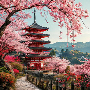Huacan Full Diamond Painting Five Towers Cherry Blossoms Diamond Embroidery Landscape Complete Kit Home Decoration