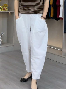 Fashion Summer Womens Cropped Casual Pants New Arrival Easiest for Match Middle-Aged Mom Wear Loose Slim Looking Pure Color Thin Pants