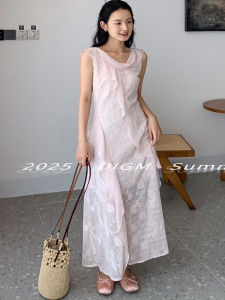 Elegant Summer 2025 Korean Design Sensation Embroidered Sleeveless Waist-Cinching Slimming Long Dress Asymmetrical Womens Dress