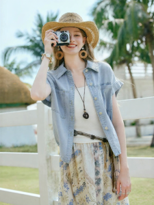 XIANGYING | Summer New Style Loose Boho Short Sleeve Light Blue Shirt