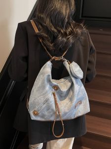 กระเป๋าเป้สะพายหลังผ้าเดนิมย้อนยุค ความจุขนาดใหญ่ 3 ช่อง กระเป๋าสะพายข้างแบบลำลองสำหรับเดินทาง กระเป๋าสะพายไหล่แบบลำลองสำหรับฤดูใบไม้ผลิและฤดูร้อน