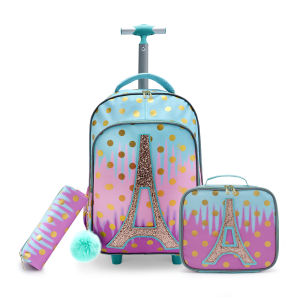 3PCS Rolling Backpack for Girls Kids  Wheeled School BookBag With Lunch And Pen Bag  Iron tower Pink  Glow-in-the-dark Function