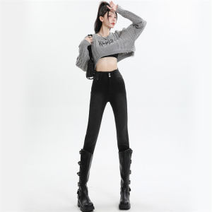 Slim Fit High Waist Denim Jeans Womens Grey Double Buckle Elastic Spring Autumn New Style Small Size Tight Fit Pencil Pants