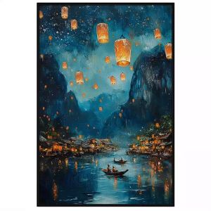 Tranh lễ hội phong cảnh quê hương sơn thủy hữu tình thả đèn lồng nguyện cầu may mắn.Tranh treo tườngdán tường.CGI-1243