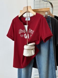 American Style Slimming V-Neckline Shoulder Short-Sleeved T-shirt Womens Summer Plus Size Slightly Oversized Girls Fried Street Chic Shirt Fake Two-Piece Tops