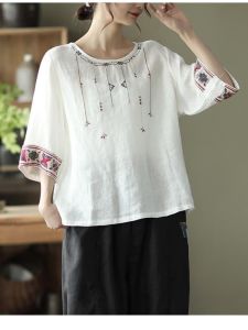 Summer New Cotton Linen Embroidered Loose Fit Womens Top Vintage Style Five Sleeve Ethnicity Small Shirt round Neck T-shirt