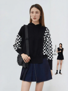 S·DEER | Spring Autumn Womens Drawstring Hooded Plaid Irregular Knit Sweater